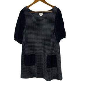 Postmark Women's Size M Houndstooth Dress Black Lace Puff Sleeve Pockets Anthro